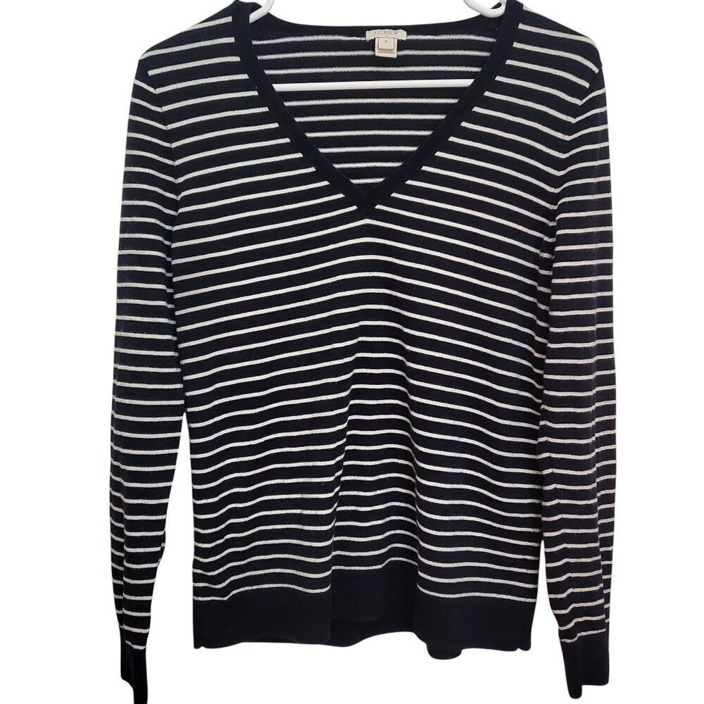 J.Crew Navy Striped Cotton V-neck Sweater